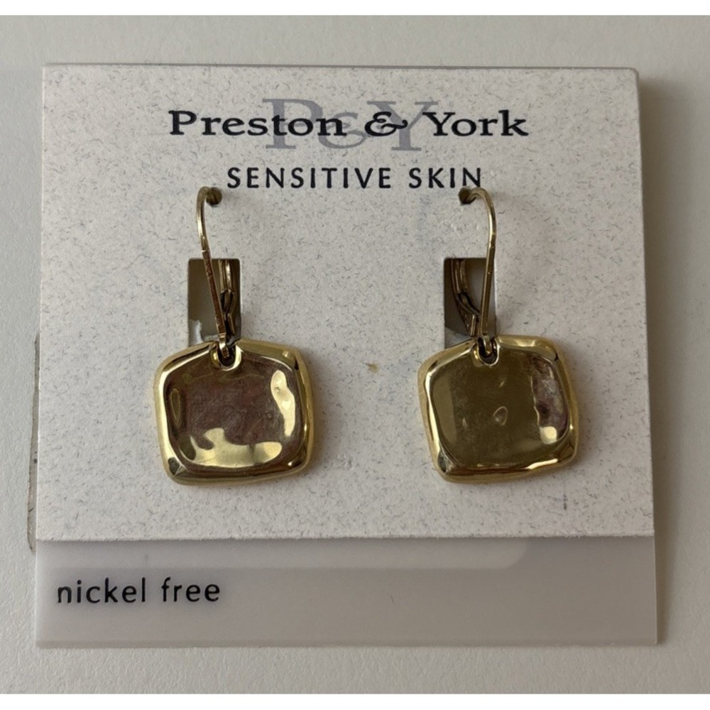 Preston & York Gold Hammered Square Drop Earrings Sensitive Skin Nickel Free